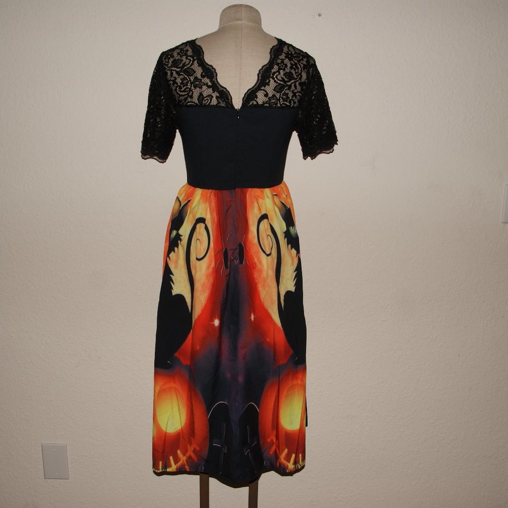 HALLOWEEN Lace Panel Cat+Pumpkin Flared Dress sz 4 - Picture 7 of 8